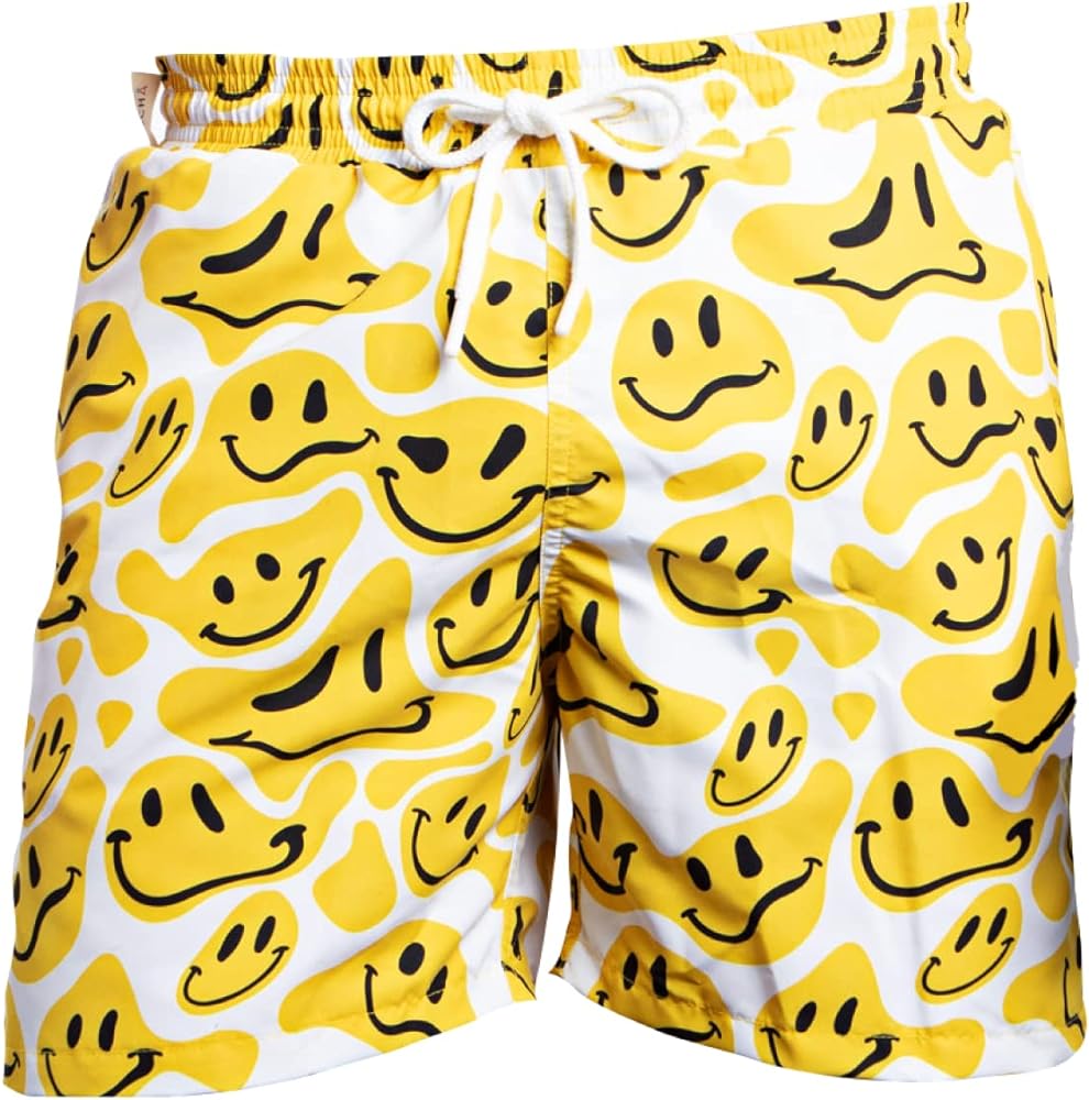 Mucha happy faces mens swim trunks quick dry beach shorts with side pockets and mesh lining small happy faces clothing shoes jewelry
