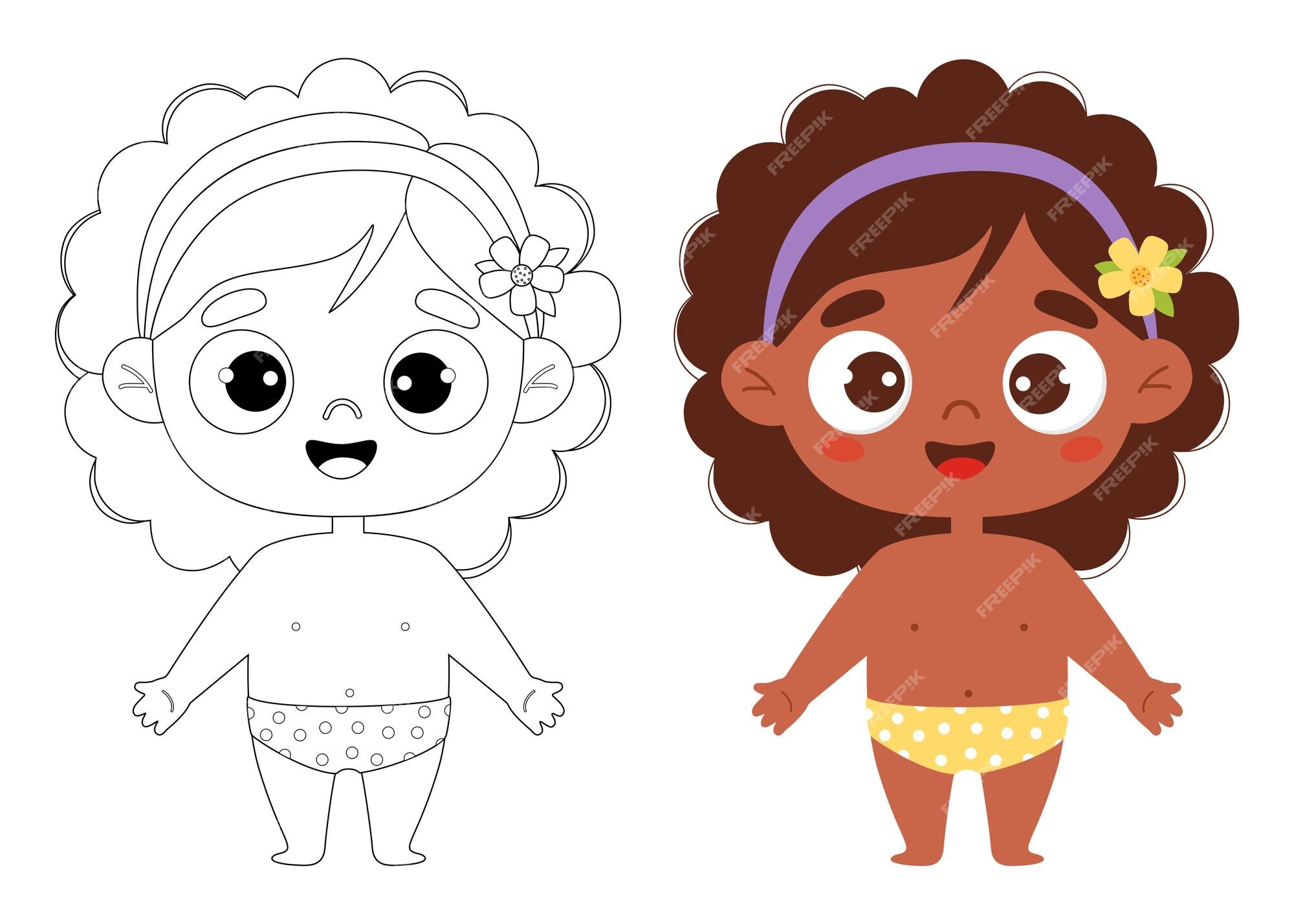 Premium vector cute cartoon smiling black ethnic kid girl in shorts outline drawing coloring book and color drawing