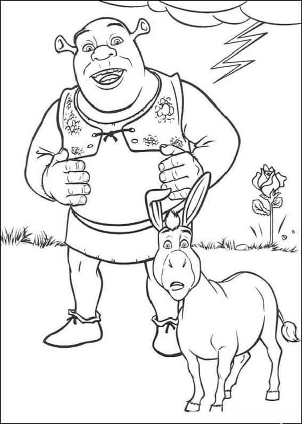 Funny shrek and donkey coloring page