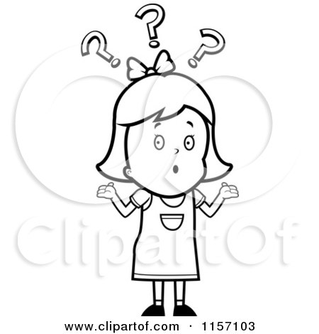 Cartoon clipart of a black and white confused girl shrugging under question marks