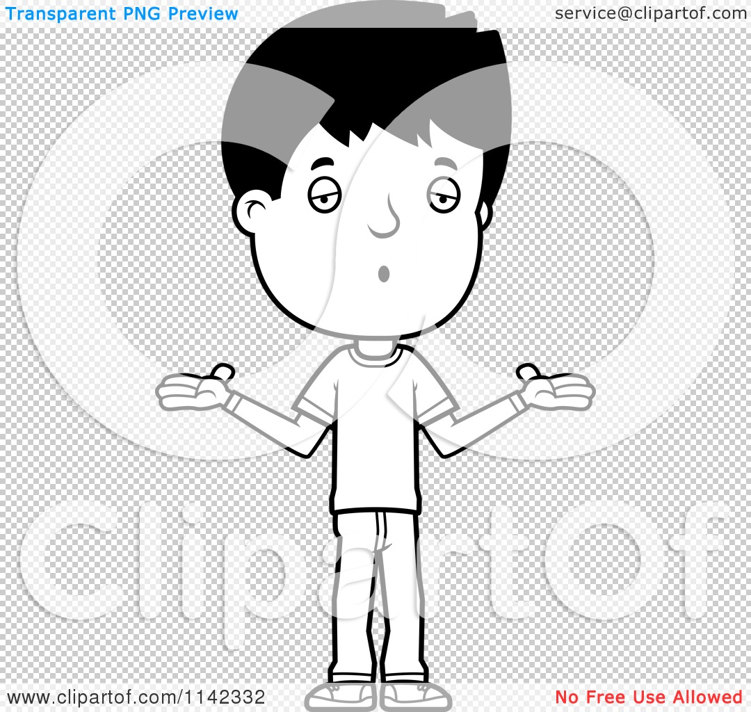 Cartoon clipart of a black and white careless adolescent teenage boy shrugging