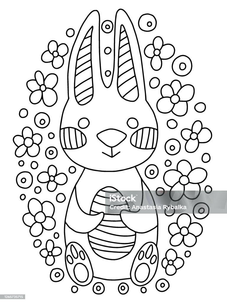 Easter bunny and flowers coloring page vector stock illustration