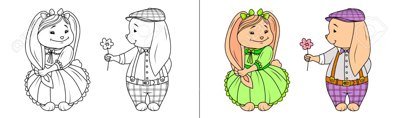 Hare boy confesses his love gives flower rabbit girl hesitates shy bunny shyly holds his long ear in her hand and smiles girl in poofy green dress kids coloring contour drawing and