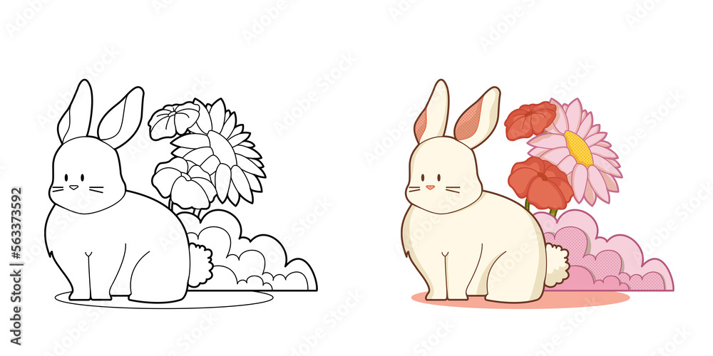 Shy bunny and flowers outlines contours