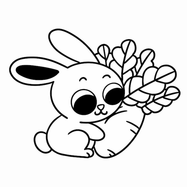 Premium vector sweet little bunny playing with carrot coloring page doodle vector illustration