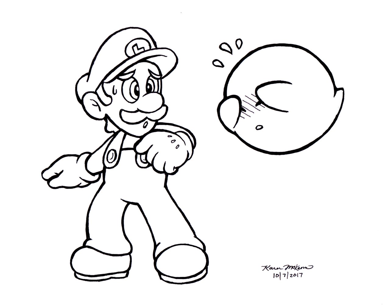 Karen on x was going to draw a shy guy but screw it boos are more fun than shy guys also luigi inktober inktober inktoberday inktobershy httpstcosqlmaiqd x