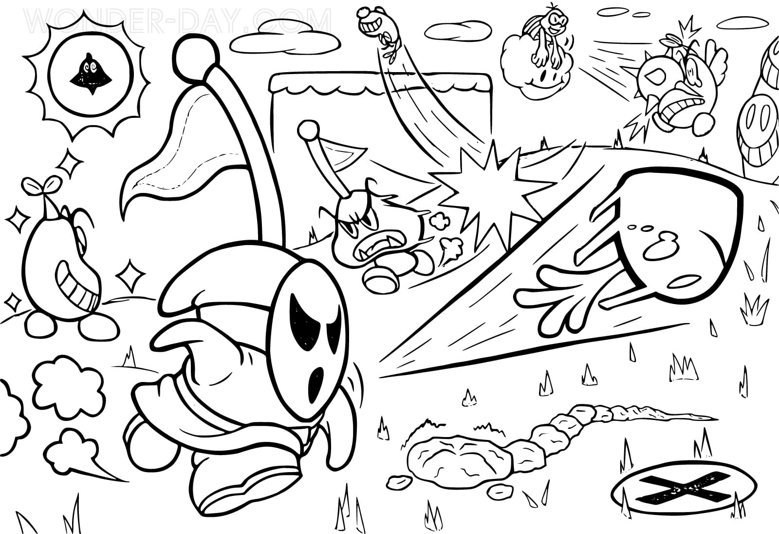 Shy guy mario coloring pages wonder day â coloring pages for children and adults