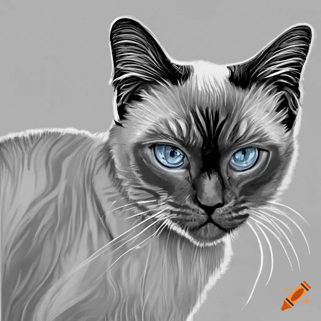 Siamese cat fineline drawing greyscale coloring book style on