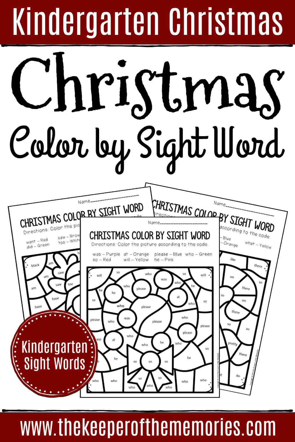 Color by sight word christmas kindergarten worksheets