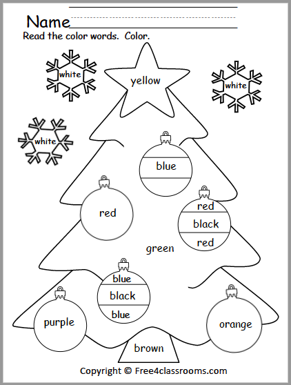 Free christmas color words reading worksheet