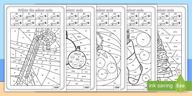 Christmas colour by high frequency words activity sheets