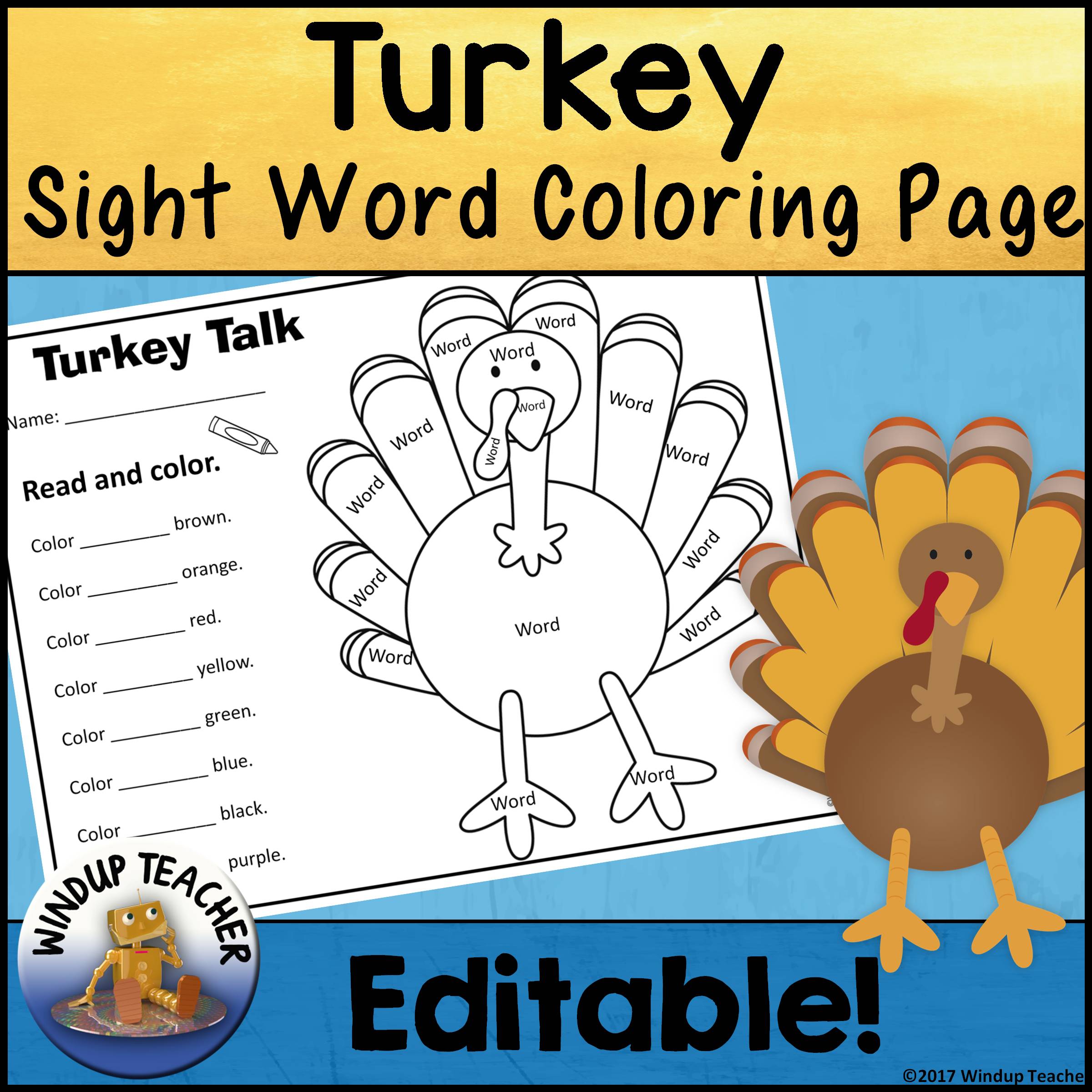 Turkey sight word coloring sheet activity