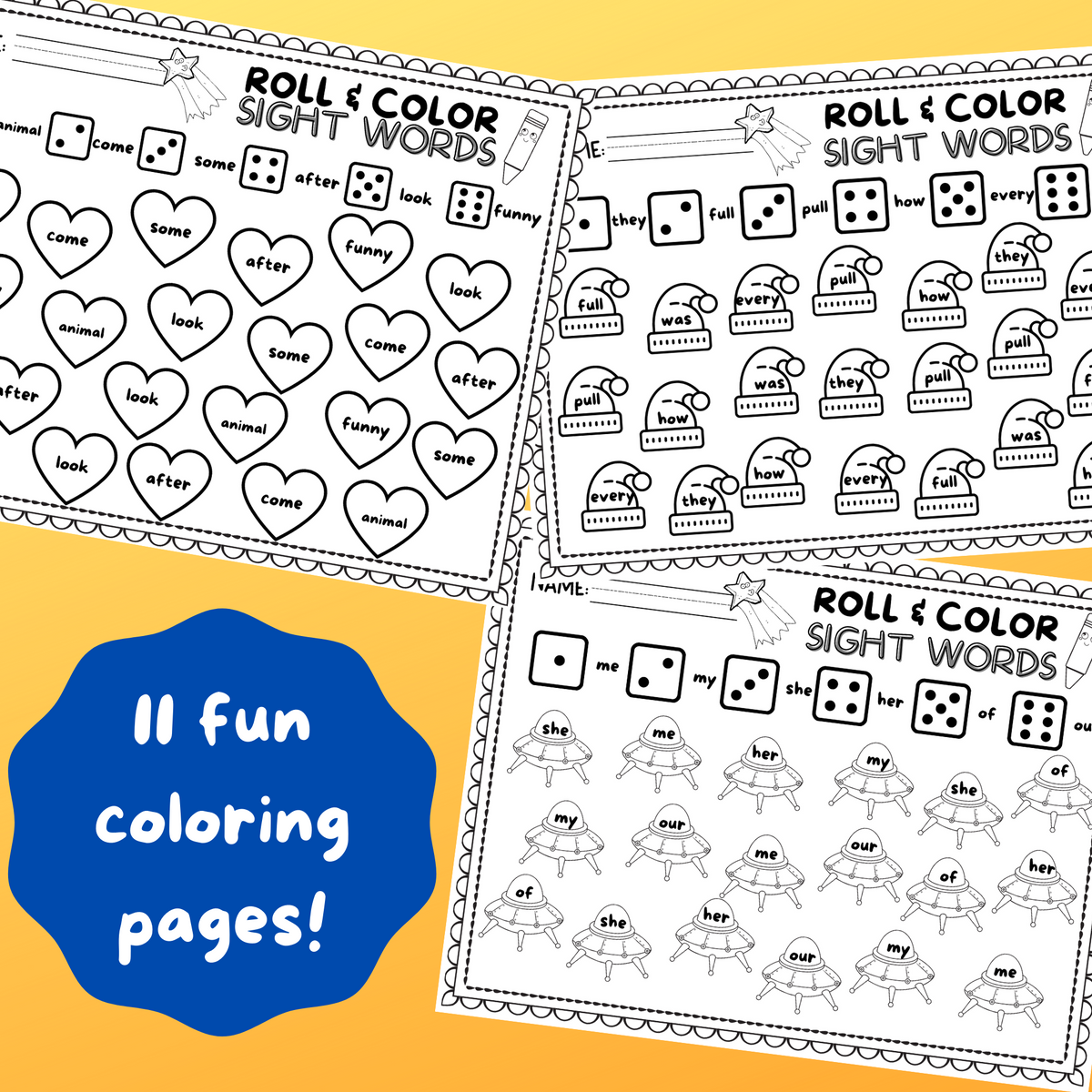 Roll color sight word worksheets â ispyfabulous