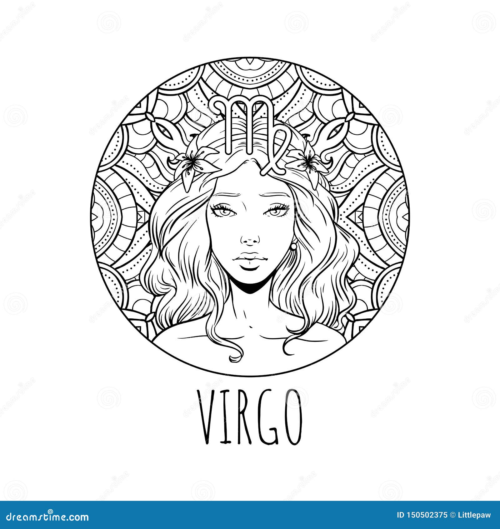 Virgo zodiac sign artwork adult coloring book page beautiful horoscope symbol girl vector illustration stock vector