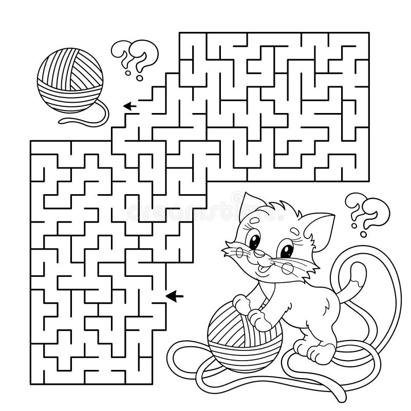 Maze or labyrinth game puzzle coloring page outline of cartoon cat with ball of yarn stock vector