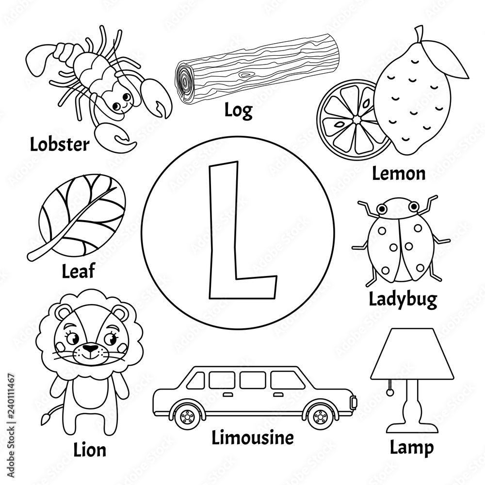 Vector cute kids animal alphabet letter l set of cute cartoon illustrations coloring page vector