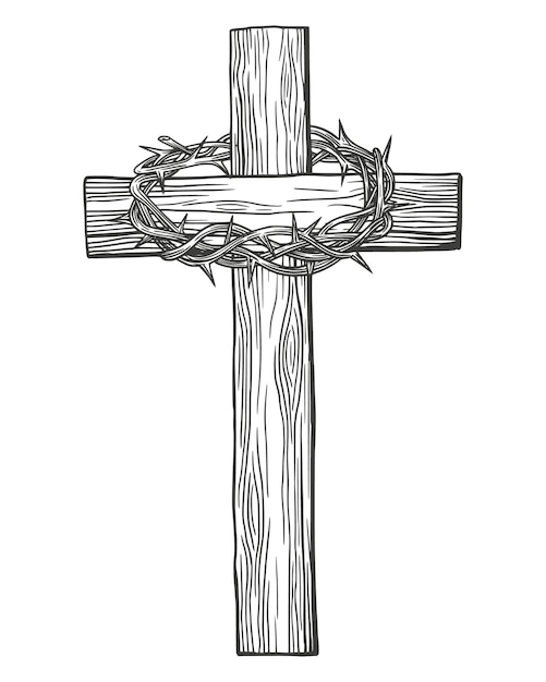 Premium vector crown of thorns wooden cross easter symbol of christianity hand drawn vector illustration sketch