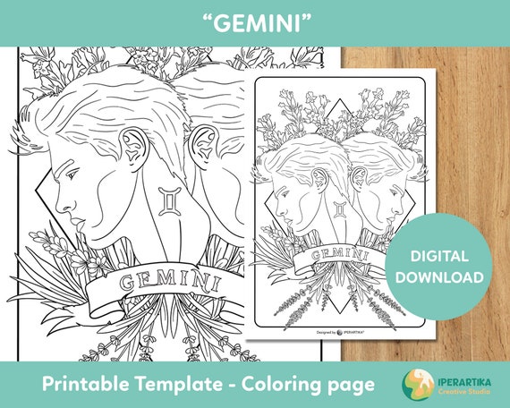 Gãminis coloring page imprimible signos del zodiaco pãginas para colorear hojas para colorear descarga digital colorear para adultos pãgina para colorear pdf