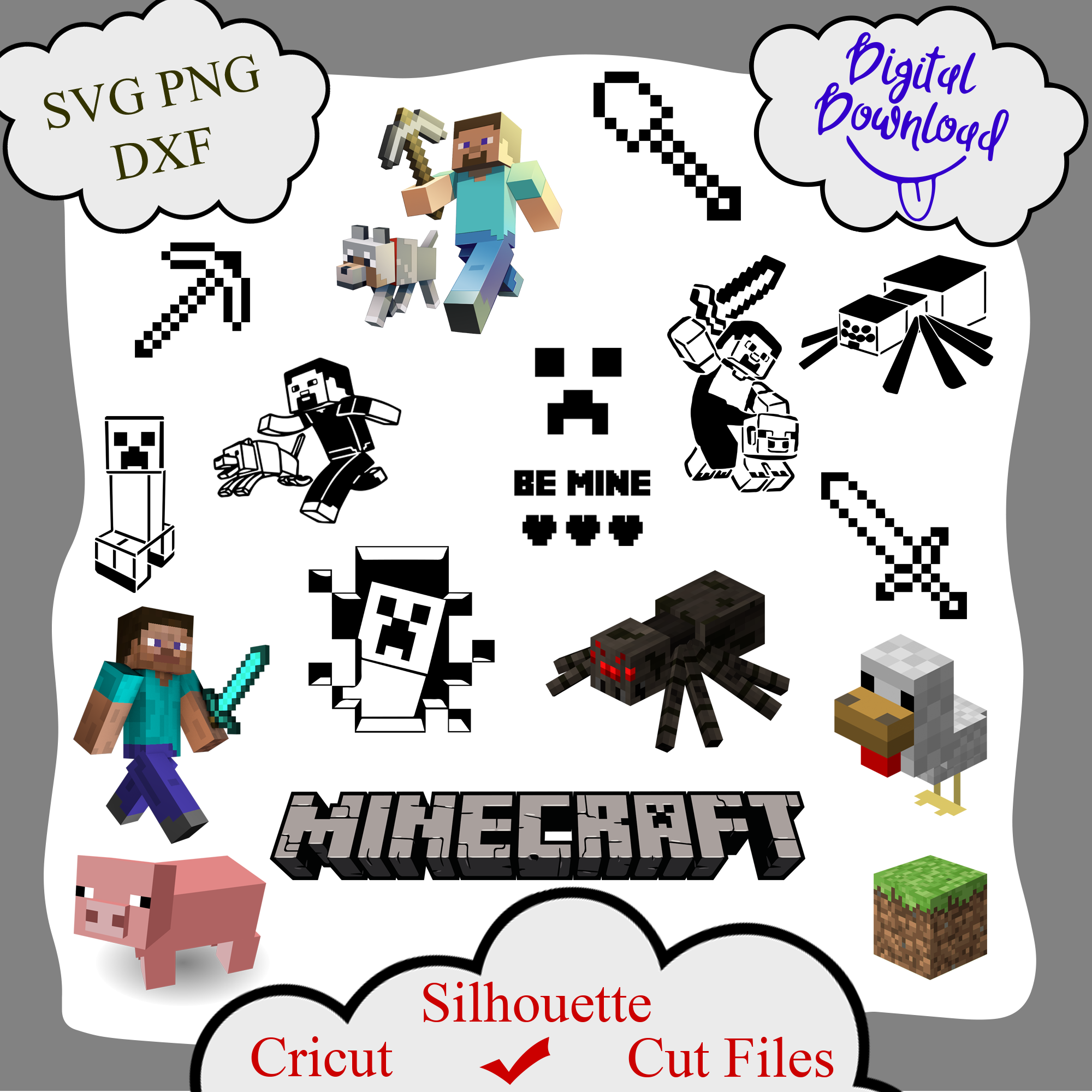 Minecraft bundle steve pig creeper spider stencil be min