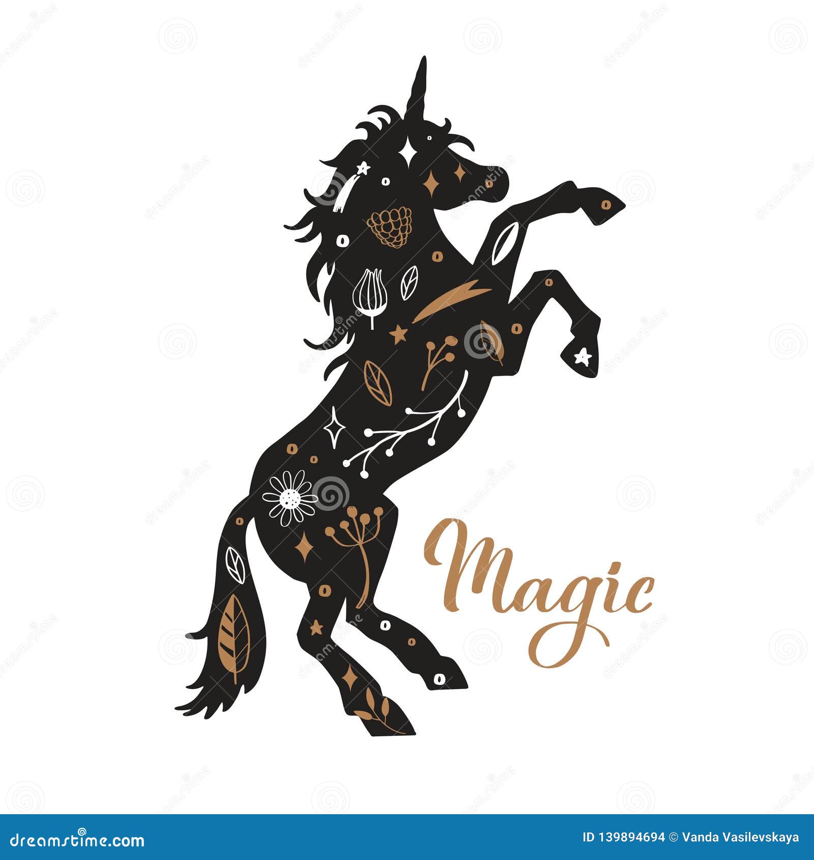 Vector silhouette of unicorn in the flower rustic pattern fairy tale forest card poster background tattoo stock vector