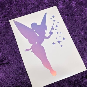 Tinkerbell silhouette with pixie dust permanent vinyl decal in magical holographic or various colors