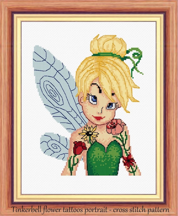 Tinkerbell flower tattoos portrait cross stitch pattern tinkerbell typography tinkerbell pattern tinkerbell cross stitch kids room decor instant download