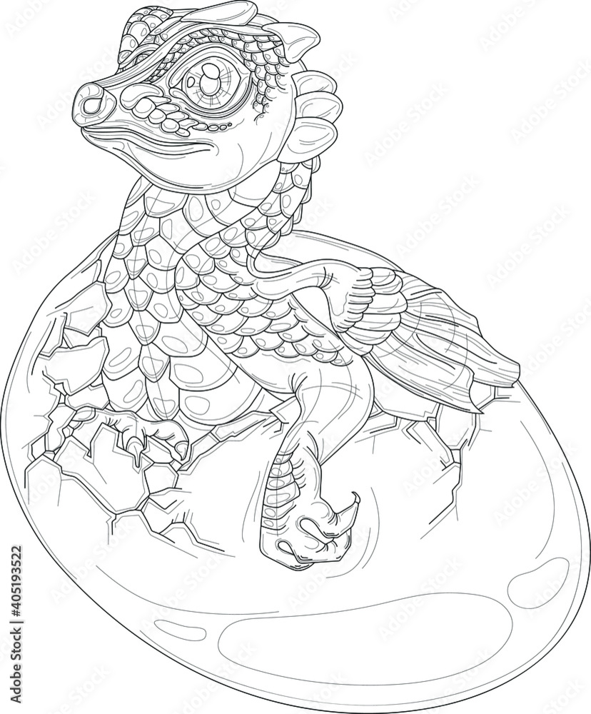 Cartoon fairy tail magic dragon in egg shell sketch template graphic vector illustration in black and white for games background pattern wallpaper decor coloring paper page story book print vector