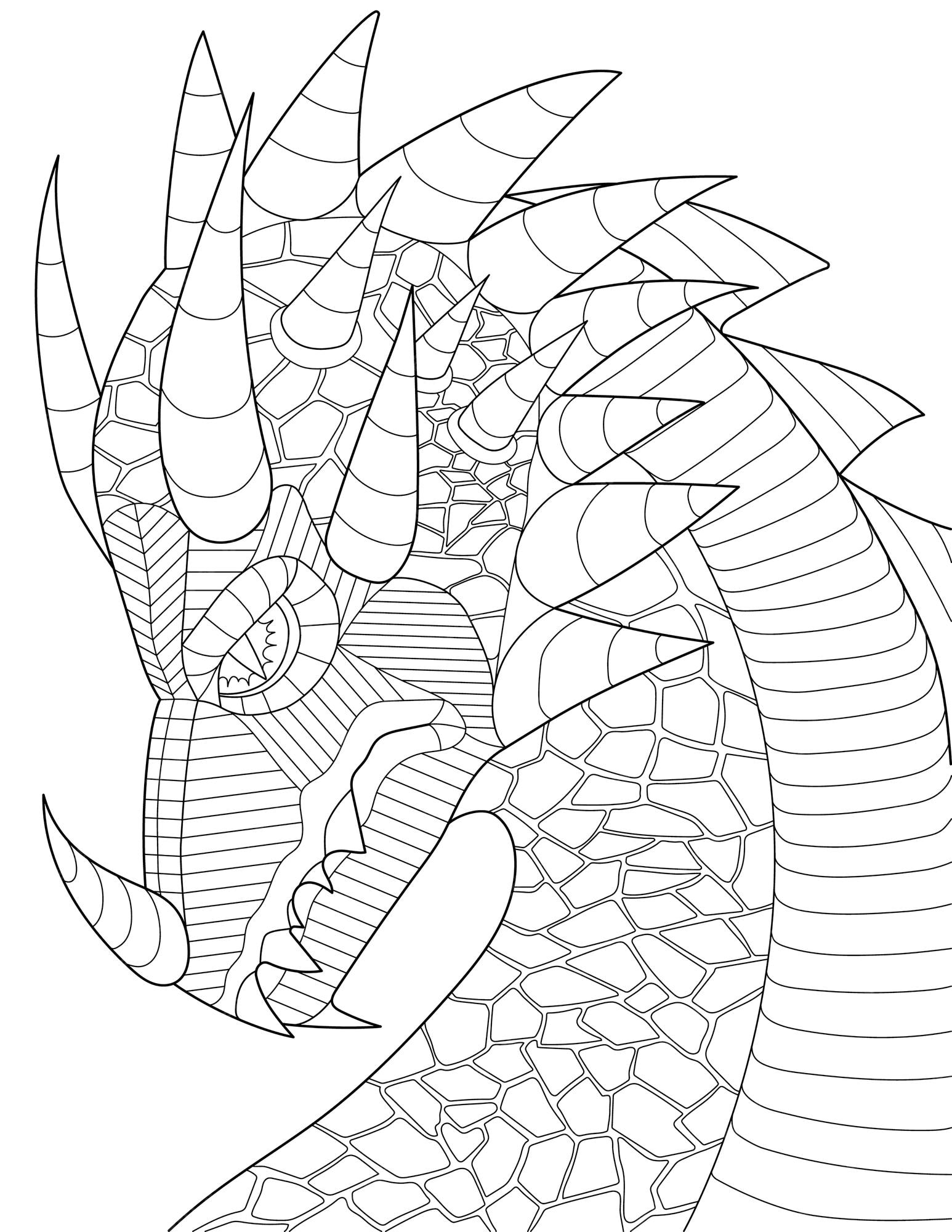 Premium vector coloring page with detailed dragon with thorns on head looking angry sheet to be colored with mythical beast with sharp teeth head of annoyed firedrake