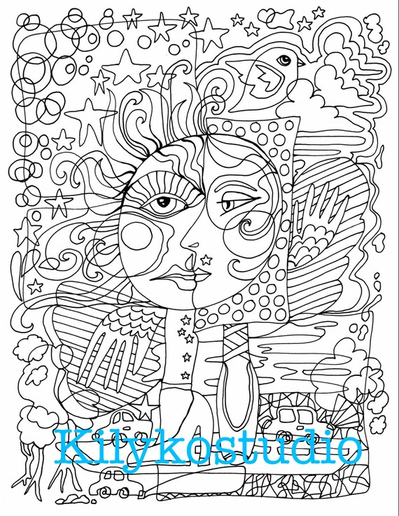 Abstract funny face wings adult coloring page instant digital download pdf