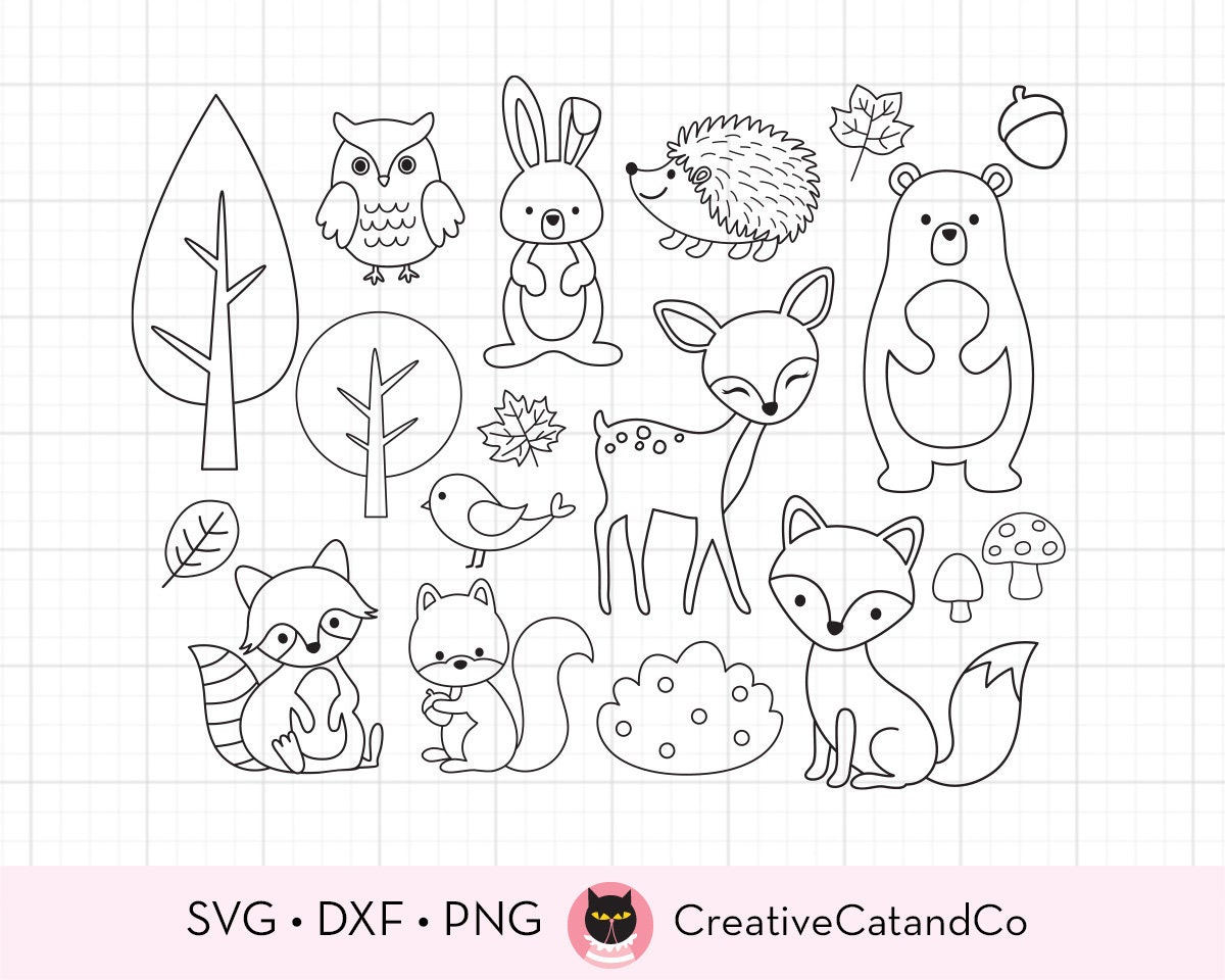 Woodland animals coloring svg forest animal outline digital stamp clipart birthday party favor kid party activity svg dxf cut files clipart