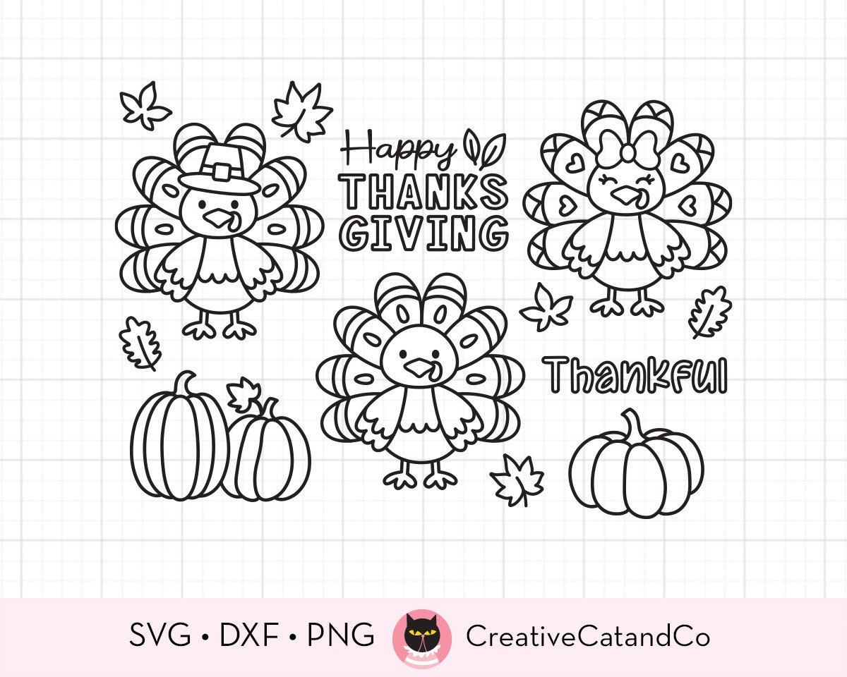 Fall thanksgiving turkey outline svg png clipart outlined turkeys pumpkins for kid coloring thanksgiving coloring svg cut files dxf