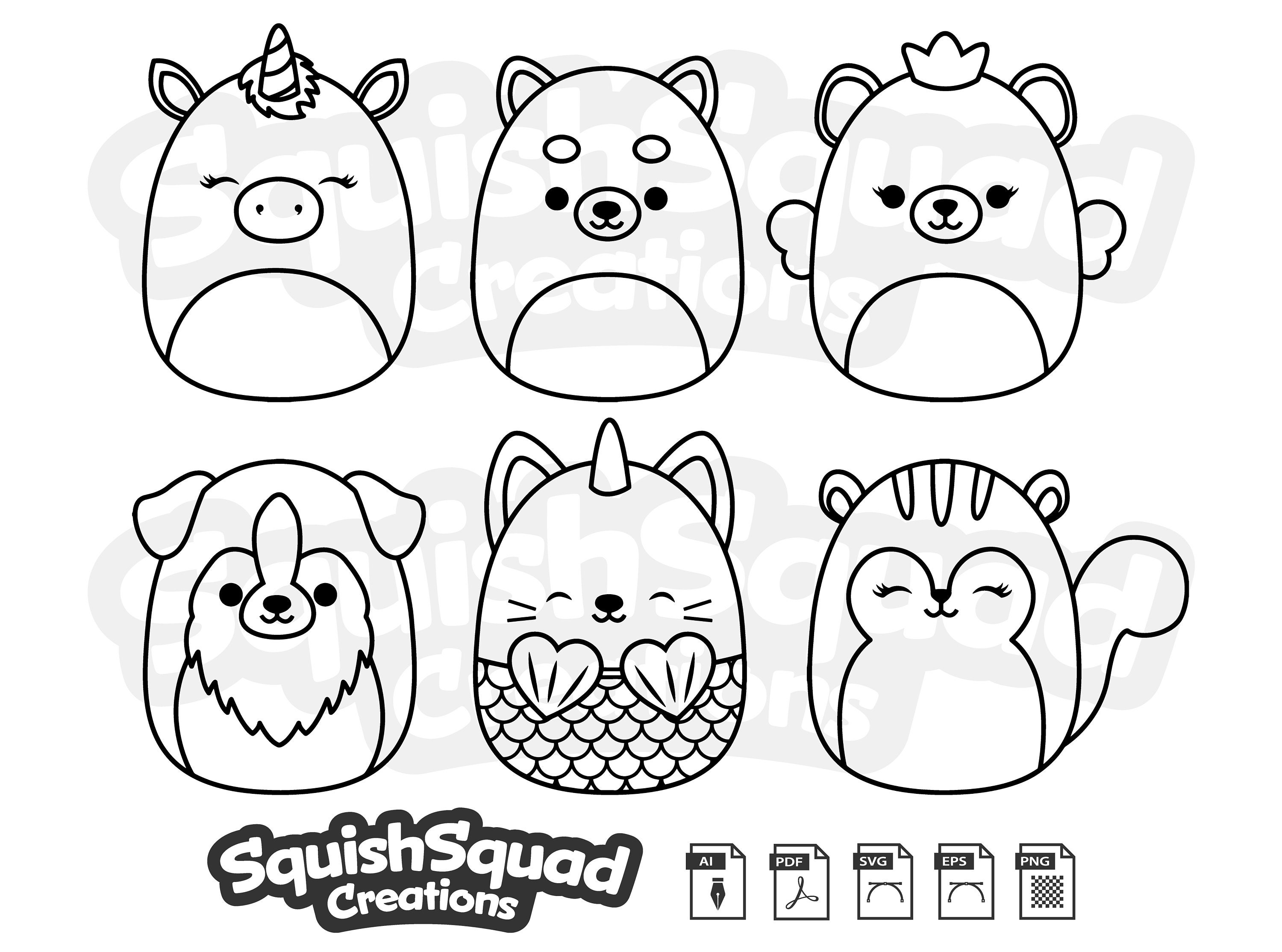 Lindas siluetas de squishmallows svg eps ai png pdf descarga squish squad creations archivos para mãquinas cricut camisetas stickers vinilos