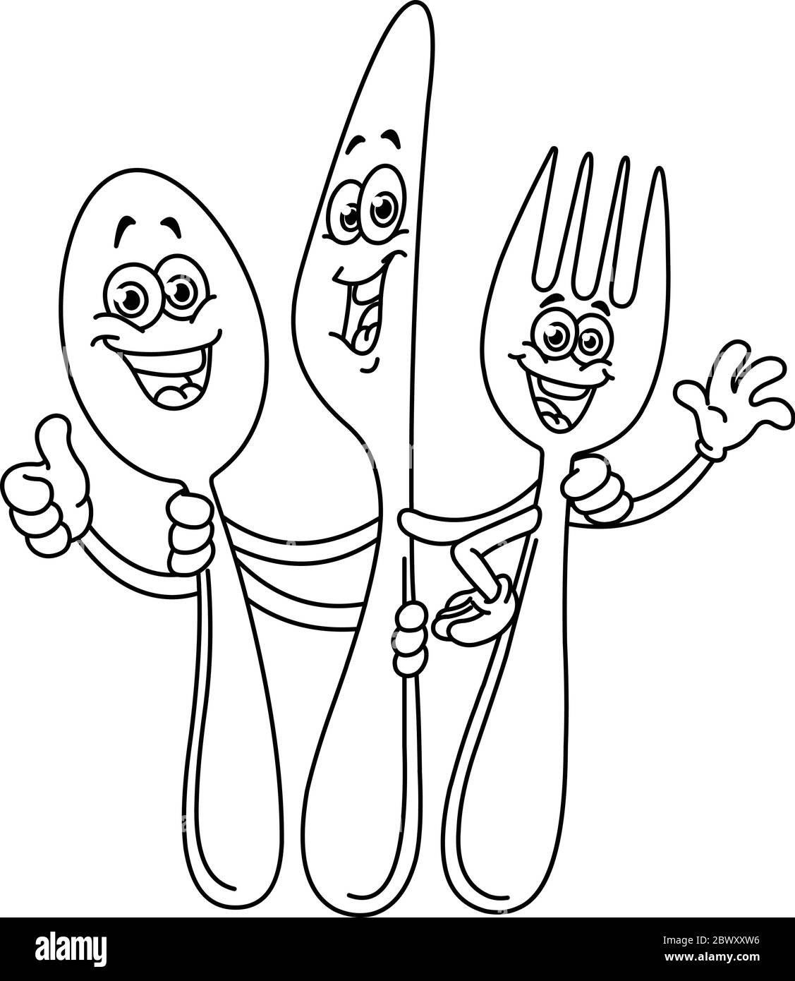 Outlined happy cartoon silverware spoon knife and fork vector line art illustration coloring page stock vector image art