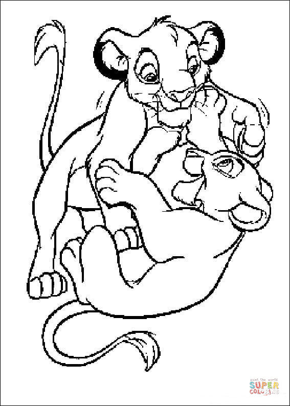 Simba with nala are playing coloring page free printable coloring pages