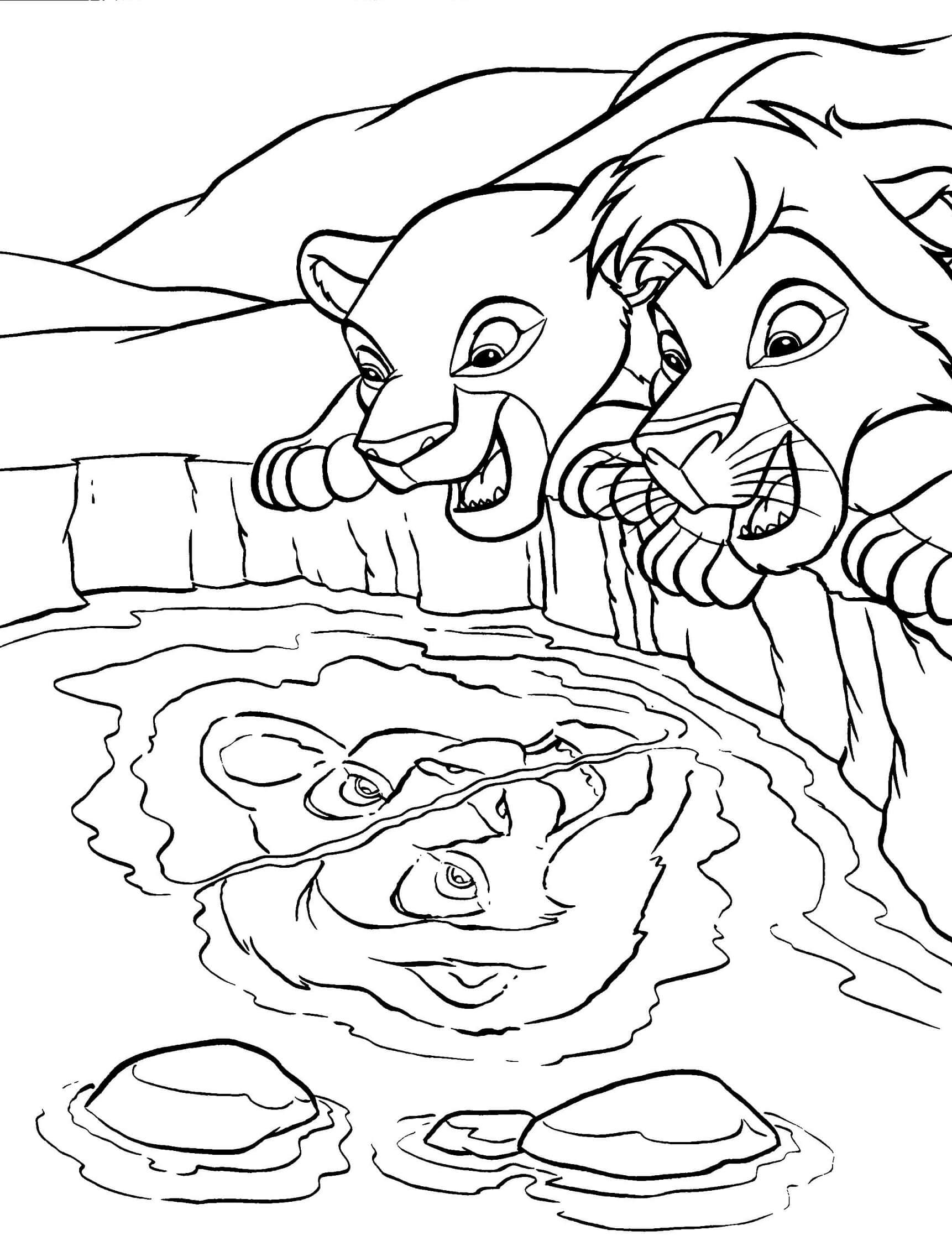 Simba and nala looking down at the lake coloring page