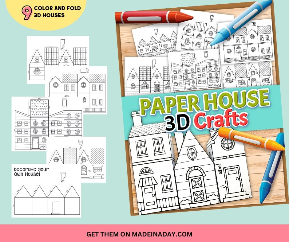 D paper house craft coloring pages made in a day