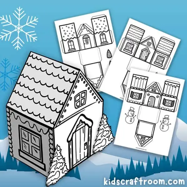 Winter paper house craft for kids free printable