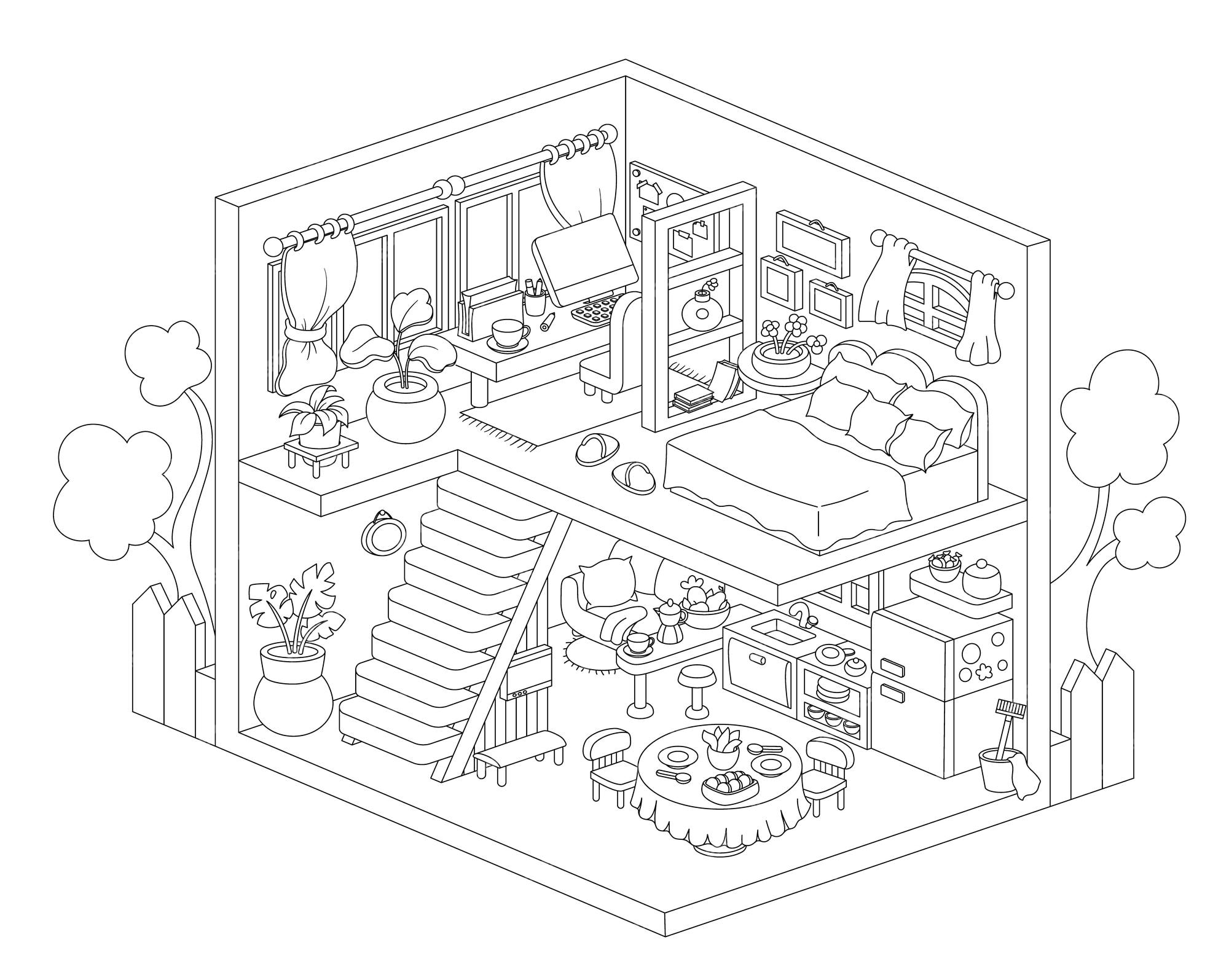 Premium vector vector isometric d house interior cute line home illustration cute building coloring page