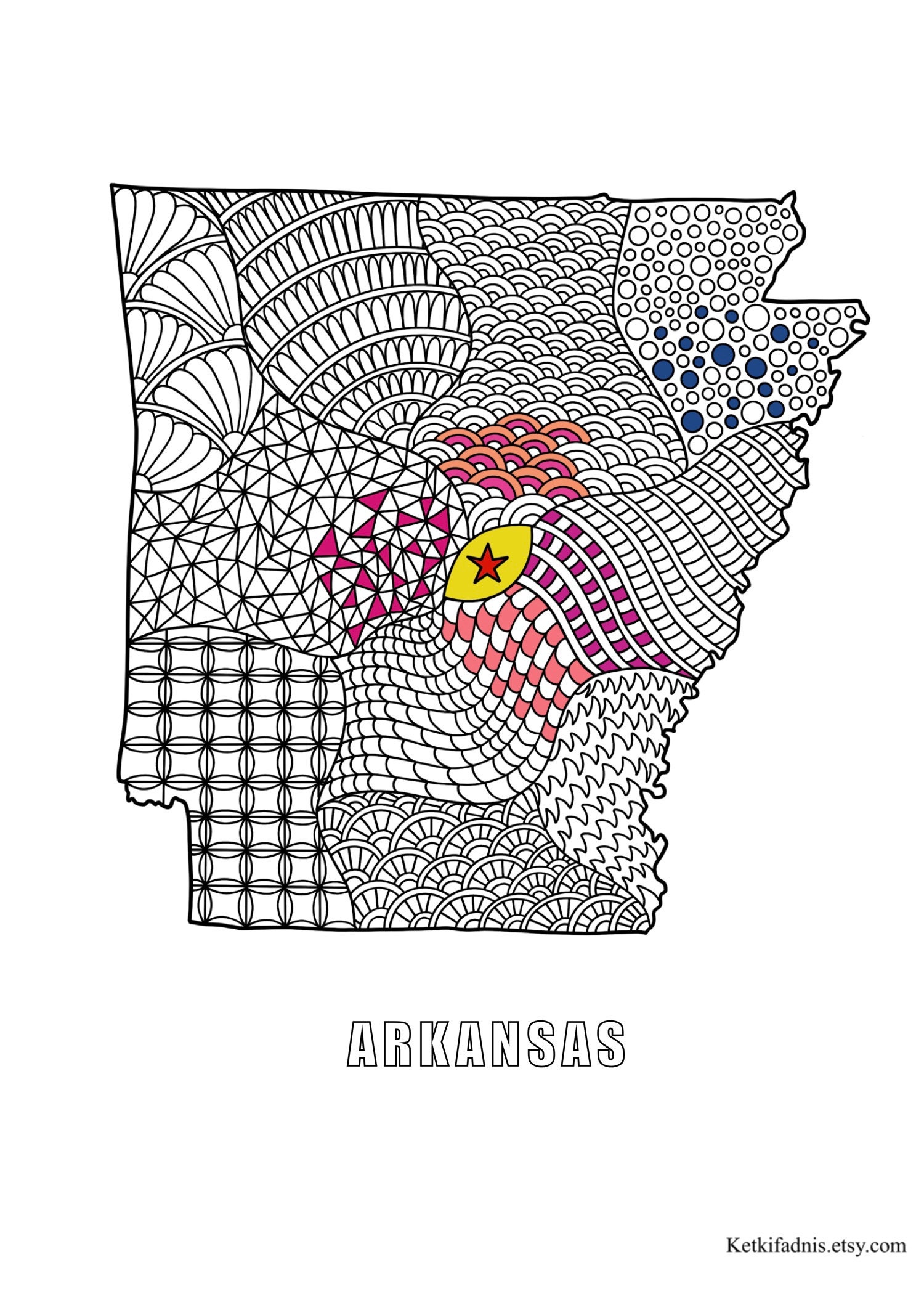 Arkansas map colouring page digital download pdf zentangle colouring page