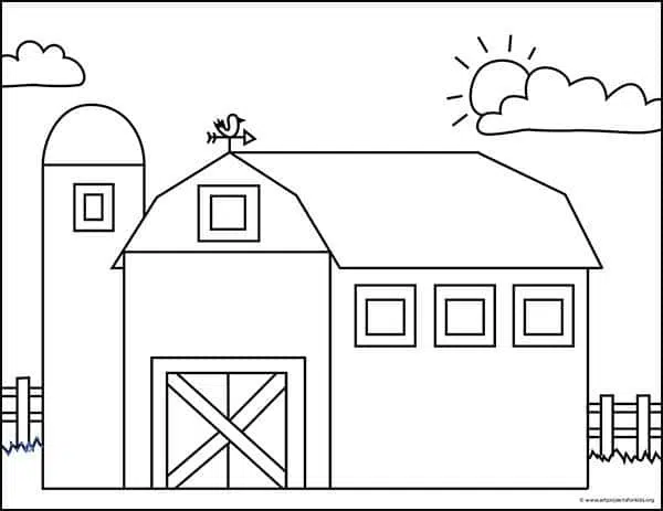 Easy how to draw a barn tutorial and barn coloring page