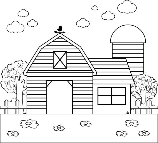 Barn black and white coloring book page stock illustration