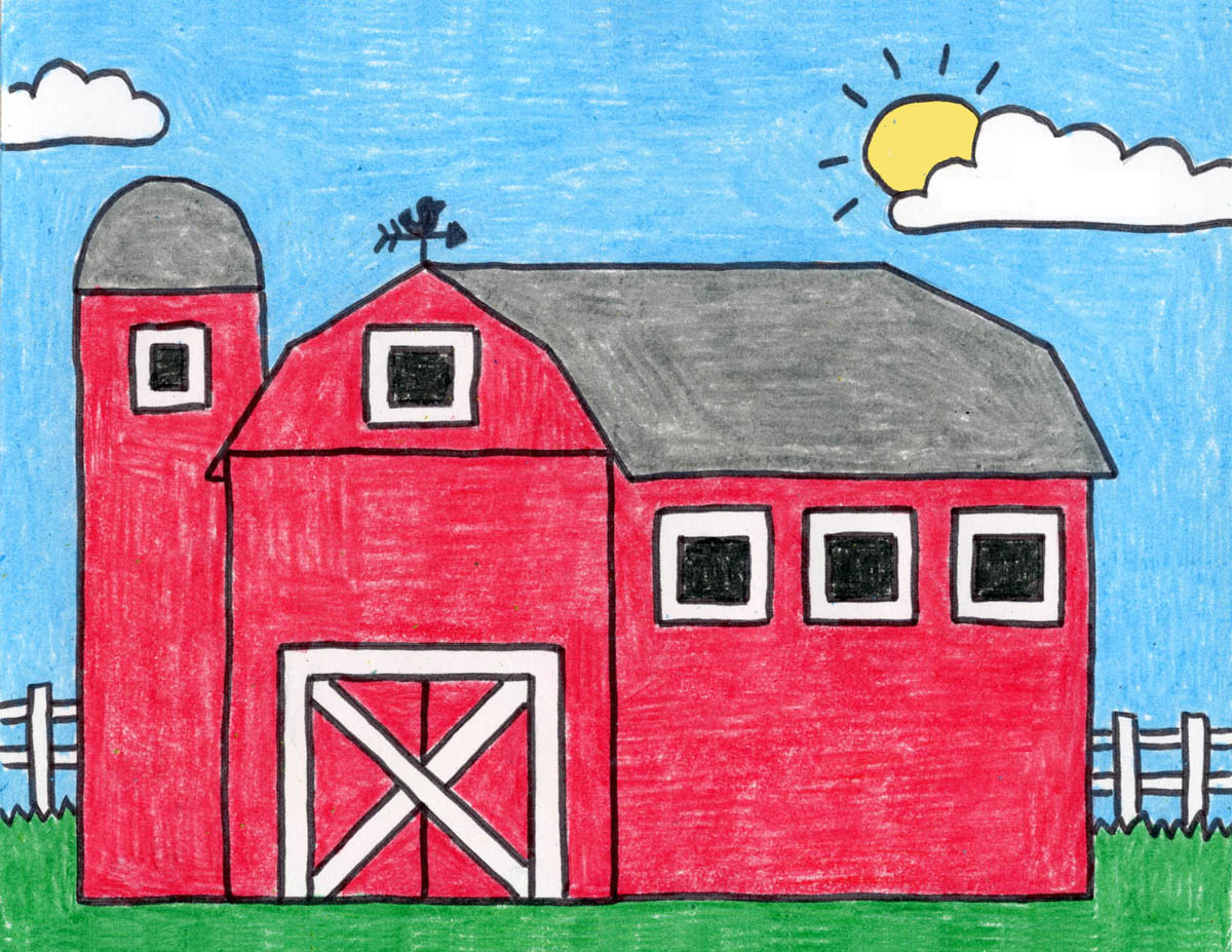 Easy how to draw a barn tutorial and barn coloring page