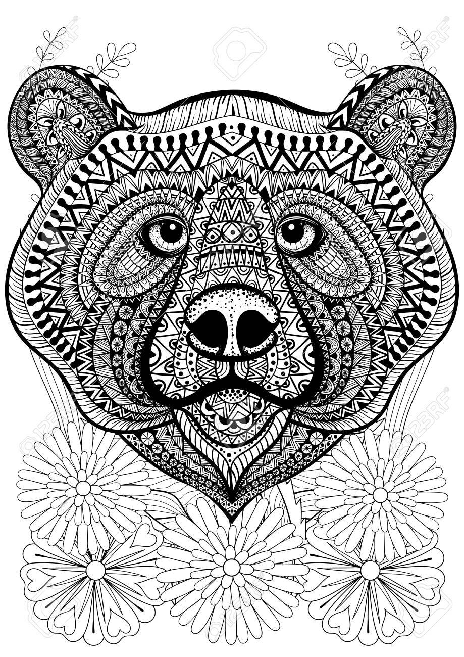 Stylized bear face on flowers hand drawn ethnic animal for adult coloring pages art therapy boho t