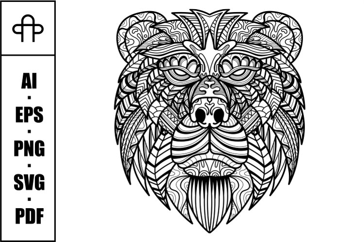 Bear head mandala zentangle coloring page illustration