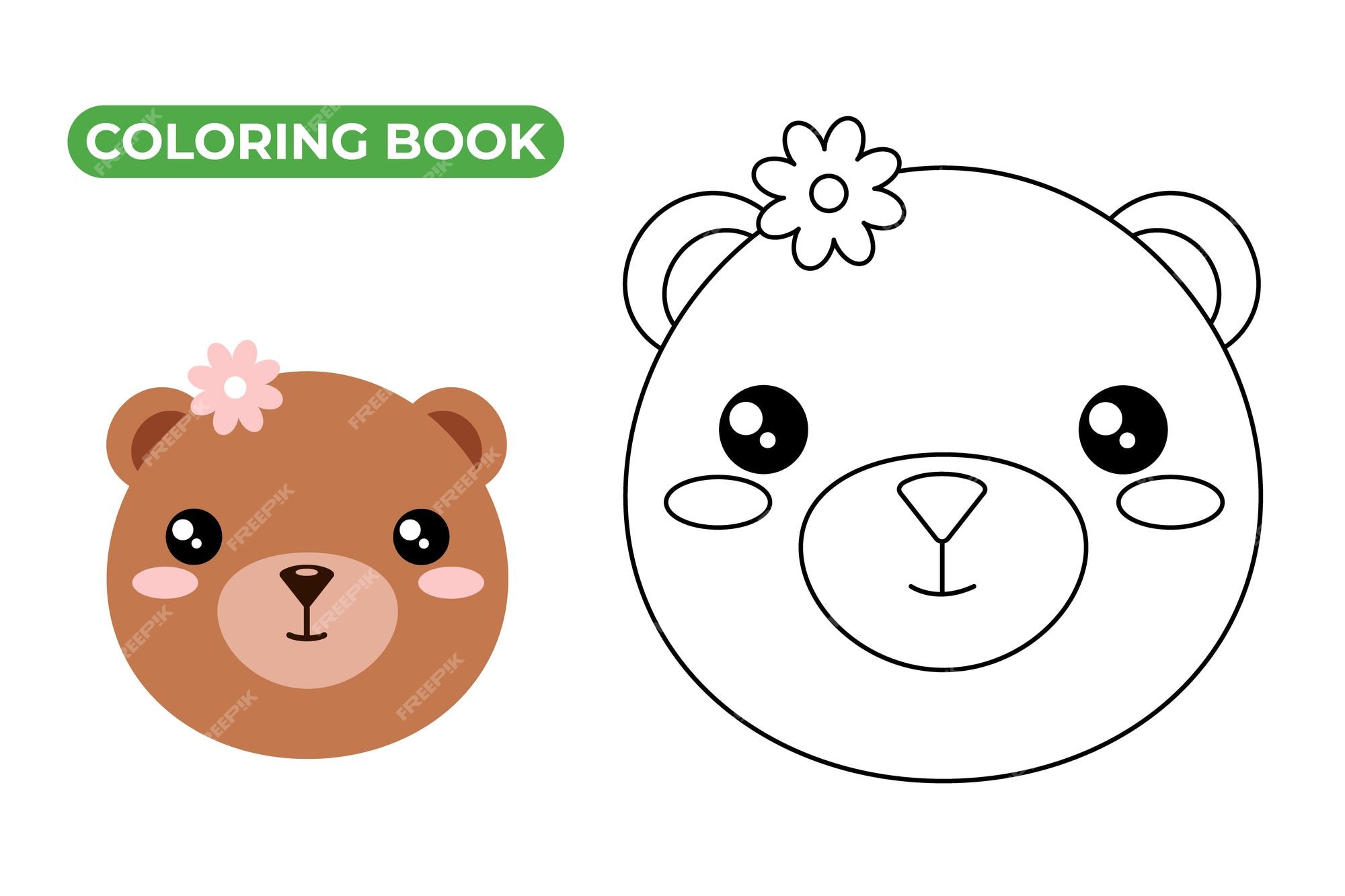 Premium vector little baby bear girl line vector illustration of bear cub drawing of baby animal face with flower on head contour coloring book for kids