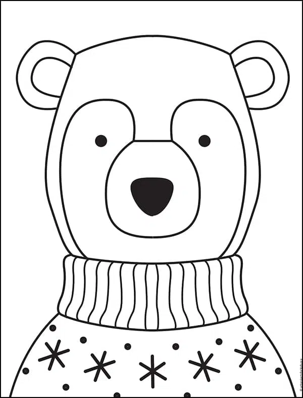 Easy draw a bear in a sweater tutorial and bear coloring page