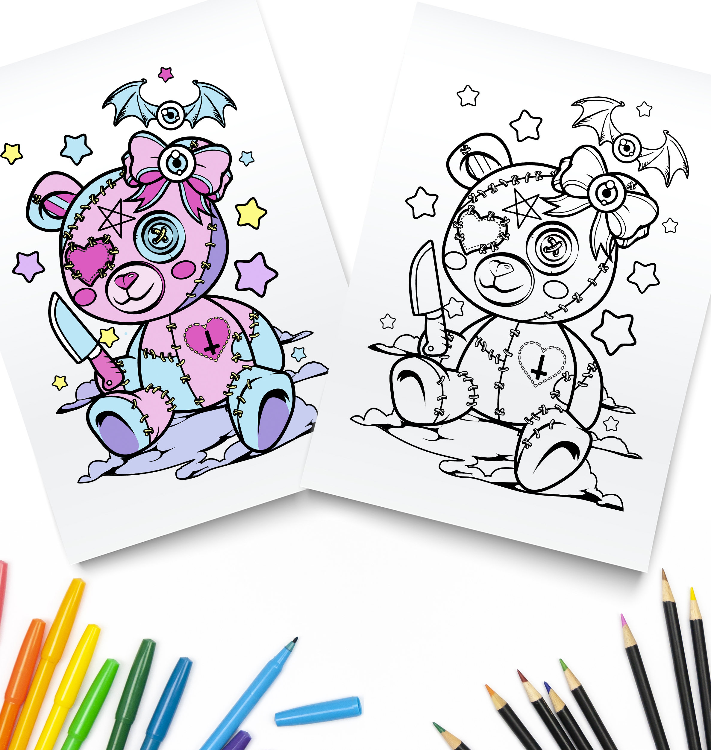 Pastel goth coloring page creepy teddy bear digital download scary kawaii bear downloadable pdf