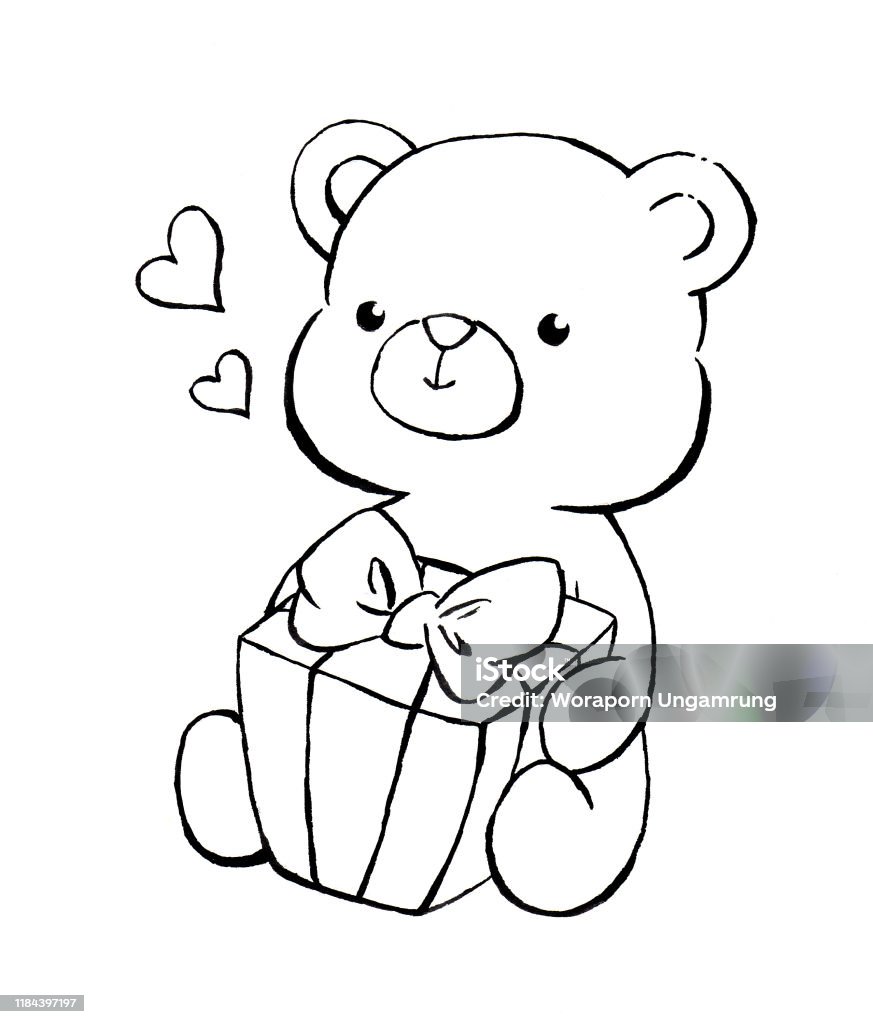 Cute teddy bear hugs a gift box line drawing cartoon style illustration on a white background monochrome sketch design for coloring book postcard greeting cover page stock illustration