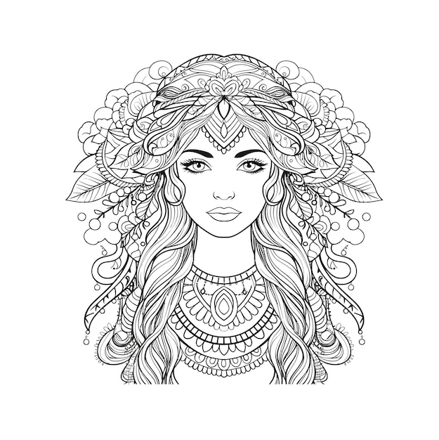 Premium vector boho style hippie only one girl coloring page for adults