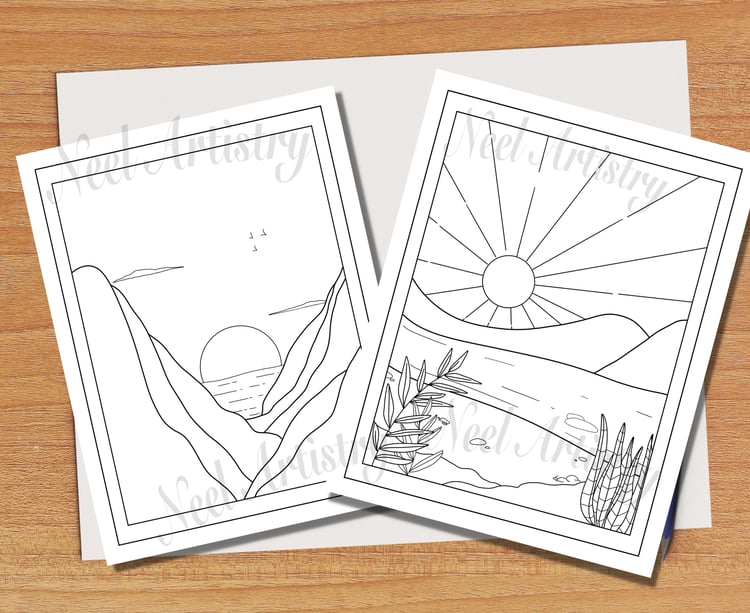 Boho landscape coloring pages for kids and adults boho diy wall art printable adult coloring pages scenic landscapes and mountains